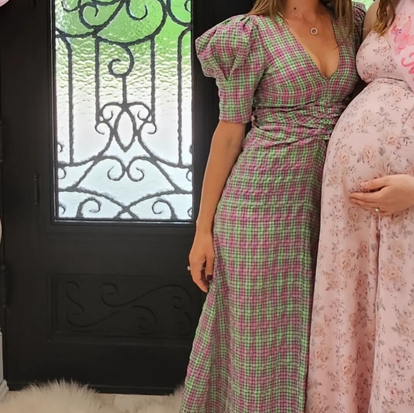 Zara Green Purple Plaid Print PuffBalloon Sleeve Ruched V-Neck MidiDress - Picture 3 of 5